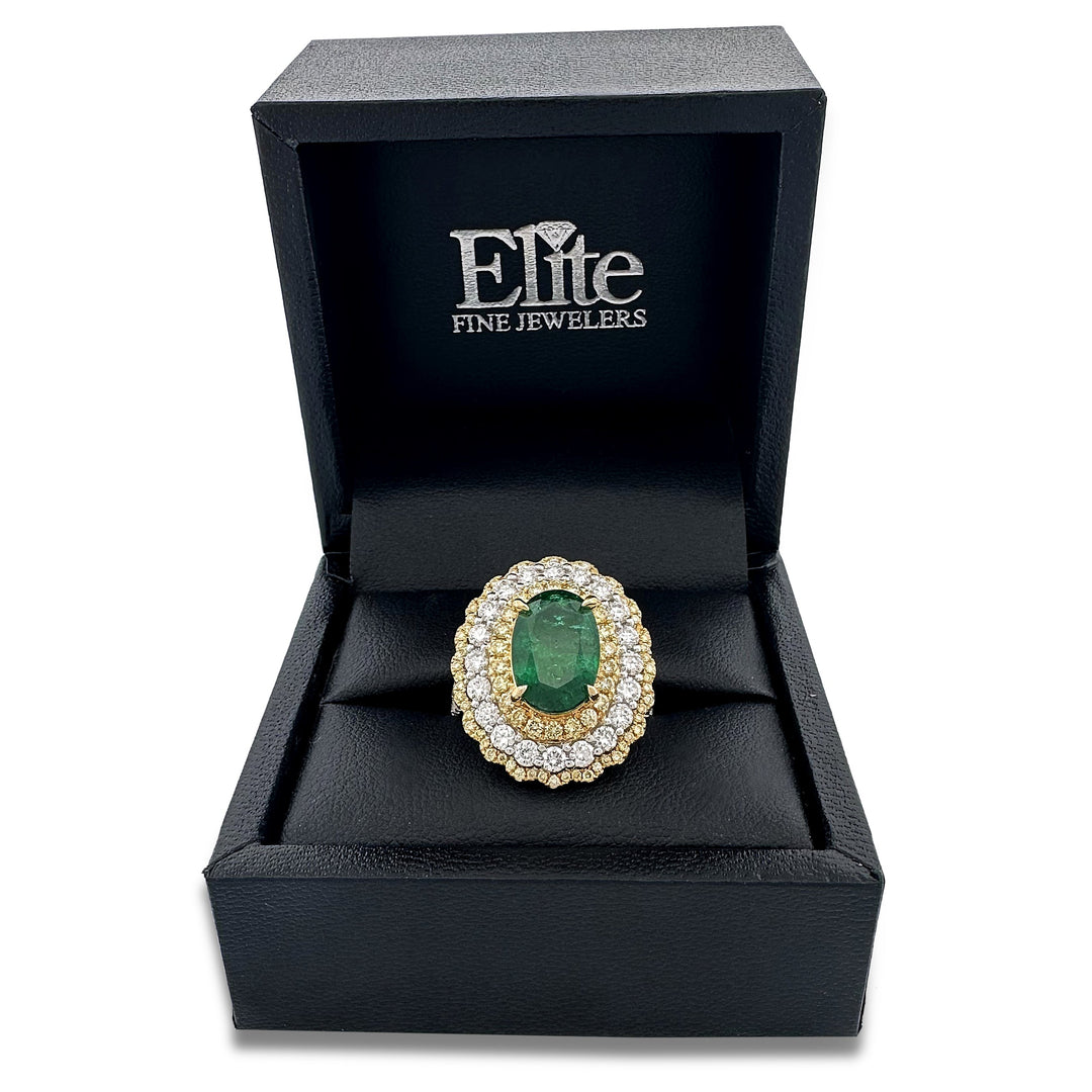 Oval Emerald with Colorless & Yellow Diamond Halos Cocktail Ring in 18k Two-Tone Gold
