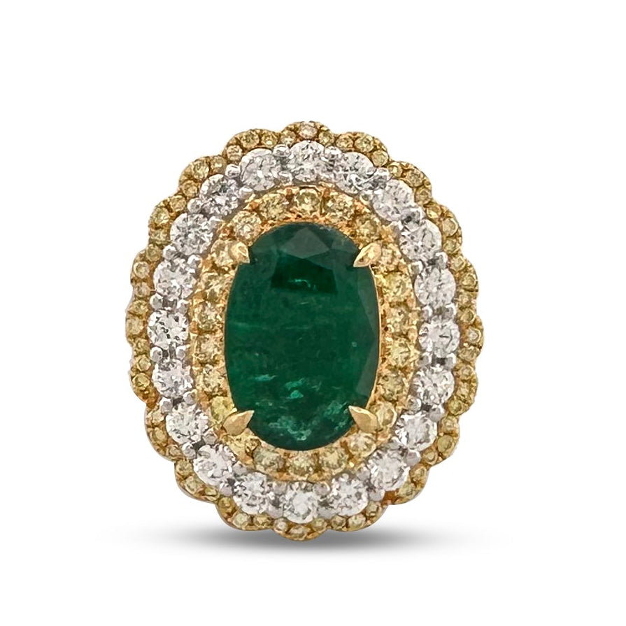 Oval Emerald with Colorless & Yellow Diamond Halos Cocktail Ring in 18k Two-Tone Gold