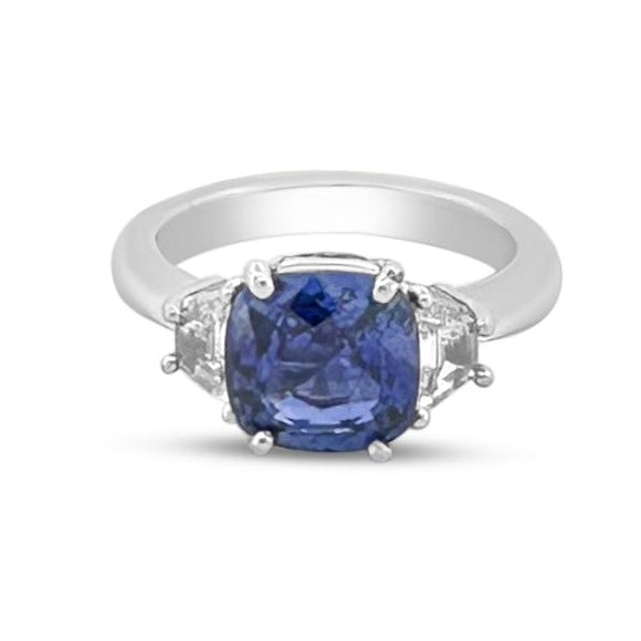 Blue Cushion Cut Sapphire with Trapazoid Natural Diamond Sides Cocktail Ring in Platinum
