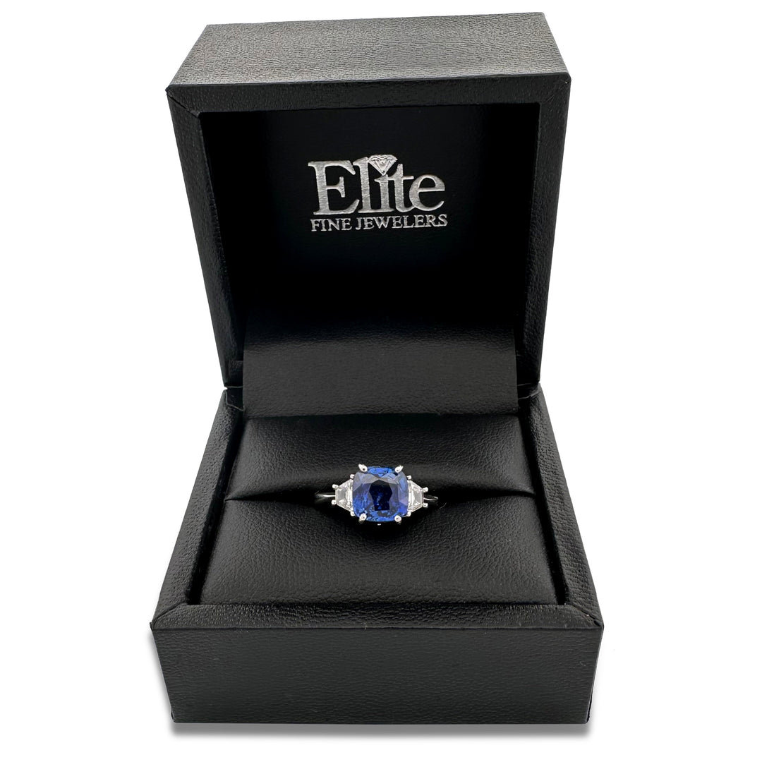 Blue Cushion Cut Sapphire with Trapazoid Natural Diamond Sides Cocktail Ring in Platinum