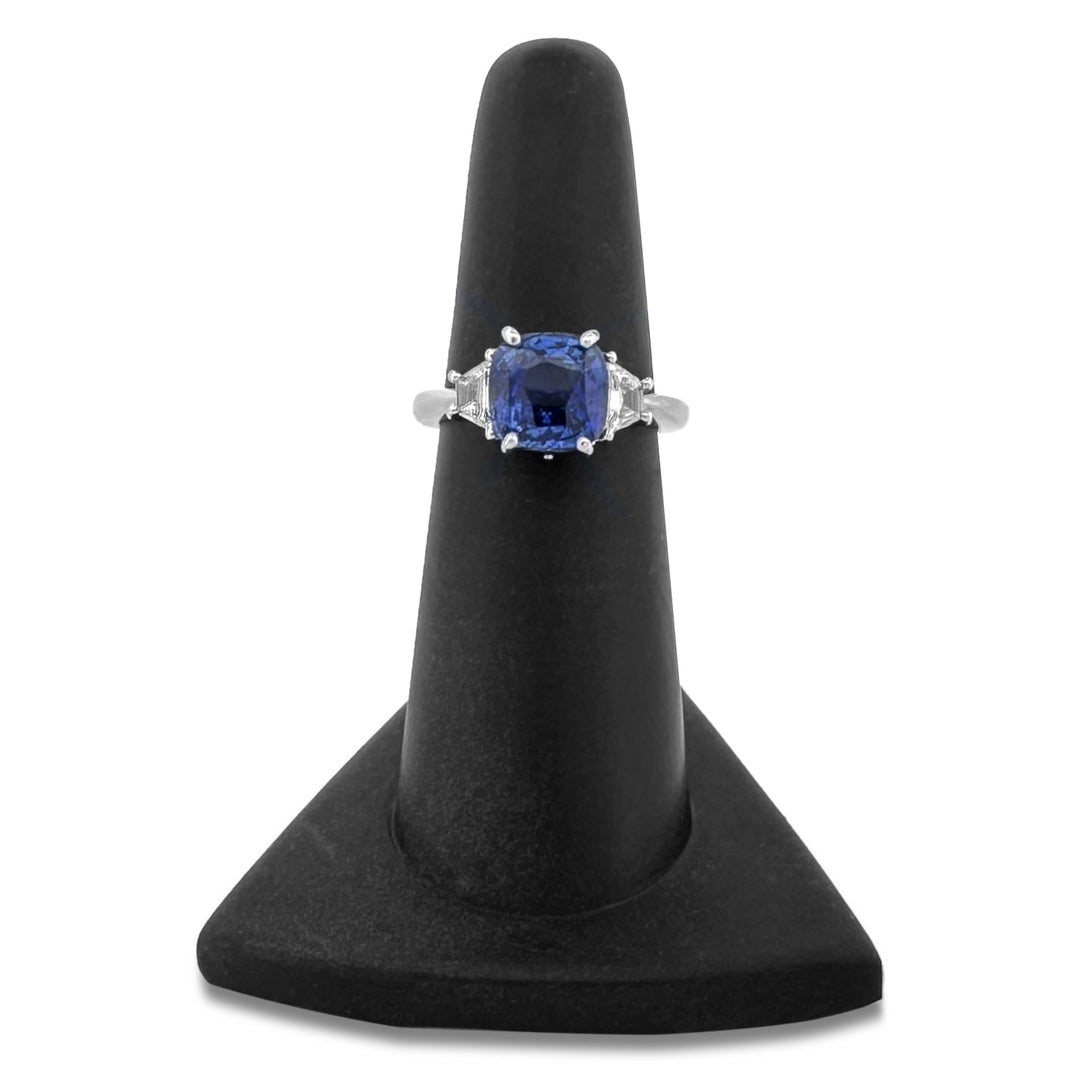 Blue Cushion Cut Sapphire with Trapazoid Natural Diamond Sides Cocktail Ring in Platinum