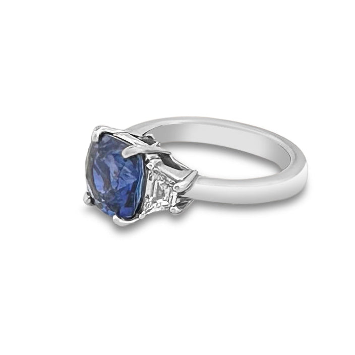 Blue Cushion Cut Sapphire with Trapazoid Natural Diamond Sides Cocktail Ring in Platinum