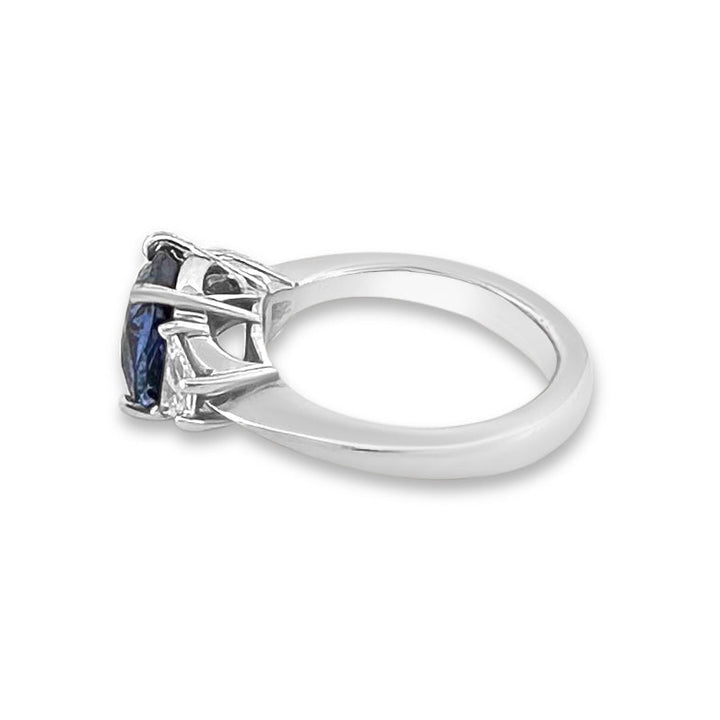 Blue Cushion Cut Sapphire with Trapazoid Natural Diamond Sides Cocktail Ring in Platinum