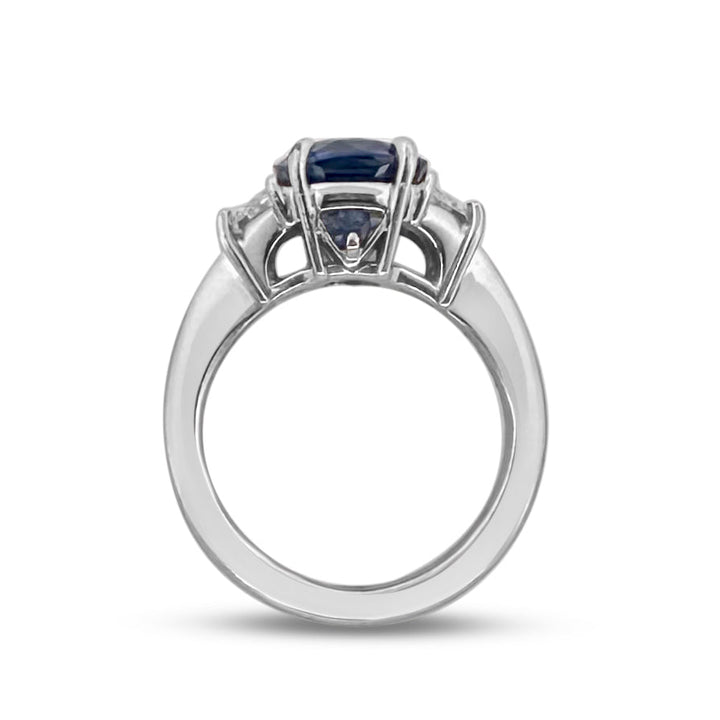 Blue Cushion Cut Sapphire with Trapazoid Natural Diamond Sides Cocktail Ring in Platinum