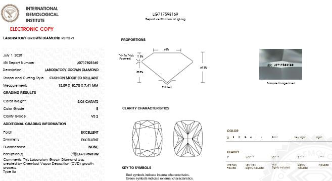 Loose IGI Graded 8.04ct Cushion Cut Lab-Grown Diamond, E Color VS2 Clarity