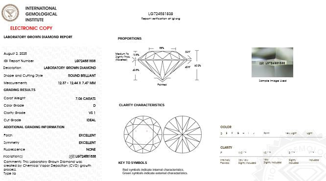Loose IGI Graded 7.06ct Round Brilliant Lab-Grown Diamond, D Color & VS1 Clarity
