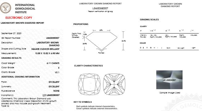 Loose IGI Graded 6.11ct Cushion Cut Lab-Grown Diamond, E Color, VS1 Clarity