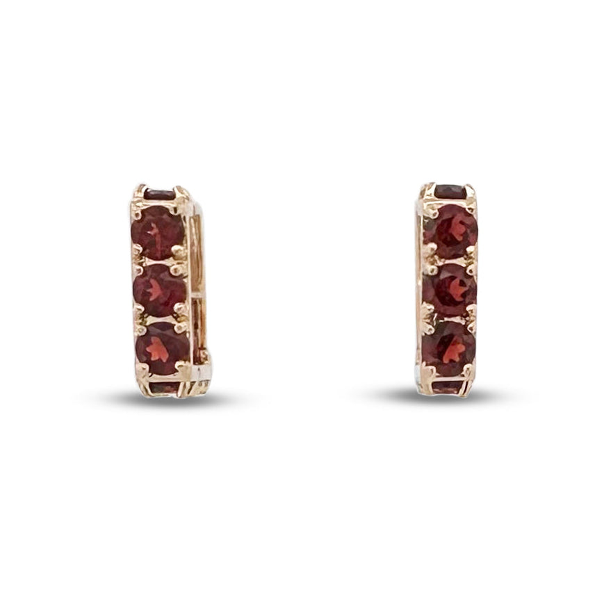 Round Garnet Squared Hoop Huggie Earrings 14k Yellow Gold