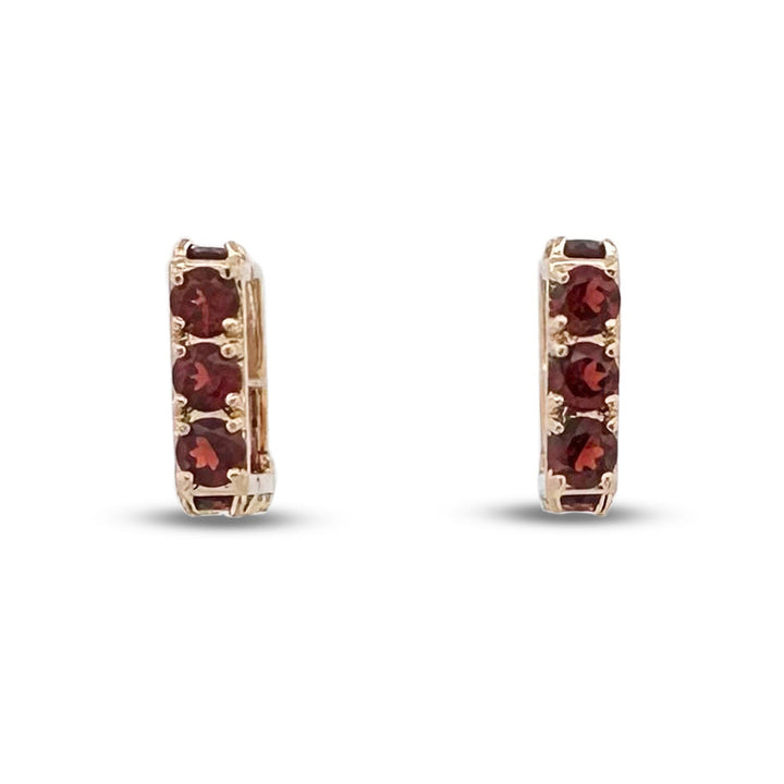 Round Garnet Squared Hoop Huggie Earrings 14k Yellow Gold