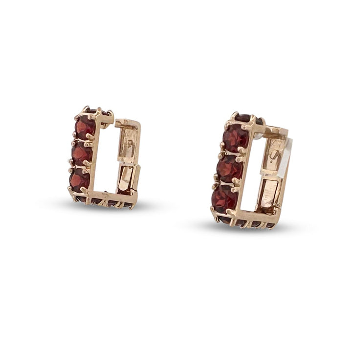 Round Garnet Squared Hoop Huggie Earrings 14k Yellow Gold