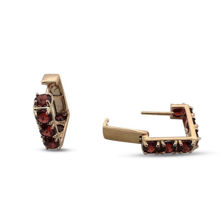 Round Garnet Squared Hoop Huggie Earrings 14k Yellow Gold