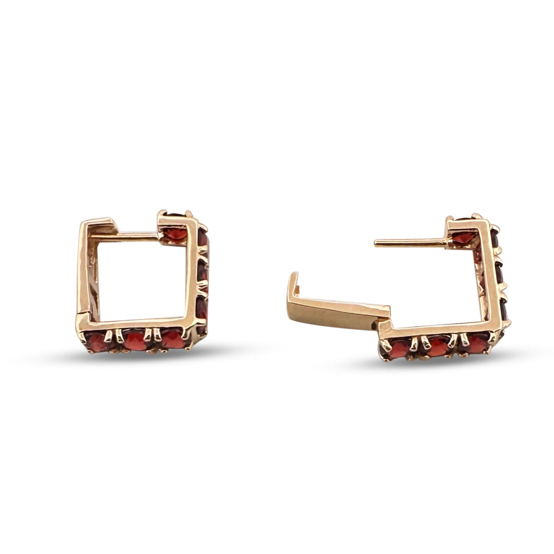 Round Garnet Squared Hoop Huggie Earrings 14k Yellow Gold