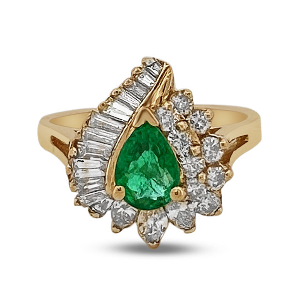 Pear Emerald and Natural Diamond Cocktail Ring in 14k Yellow Gold