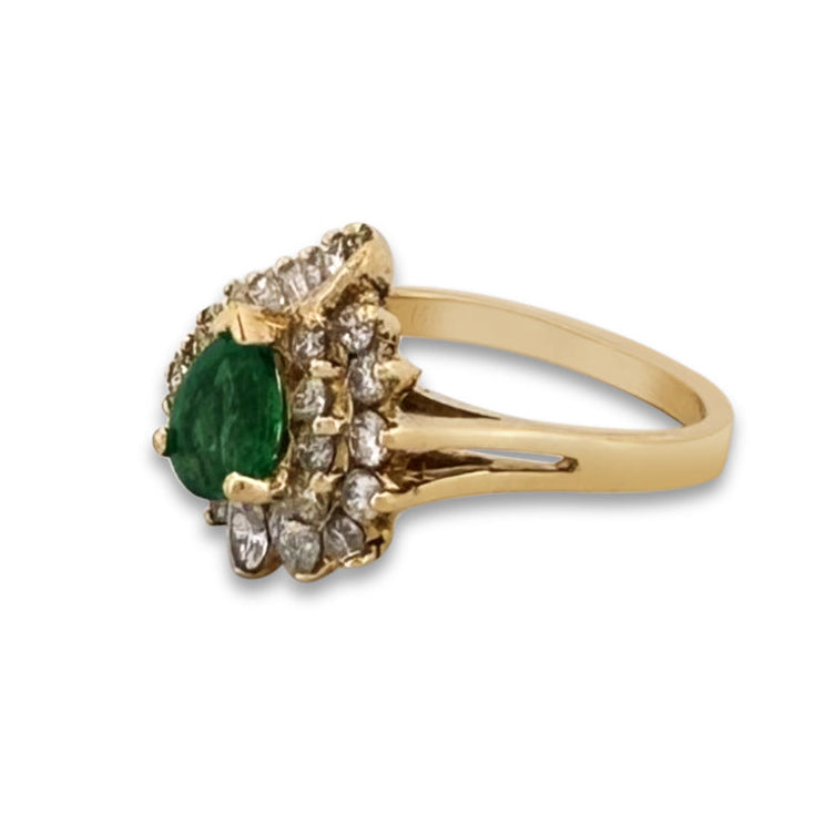 Pear Emerald and Natural Diamond Cocktail Ring in 14k Yellow Gold