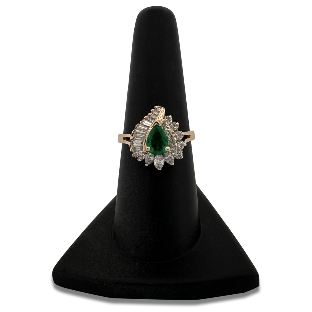 Pear Emerald and Natural Diamond Cocktail Ring in 14k Yellow Gold