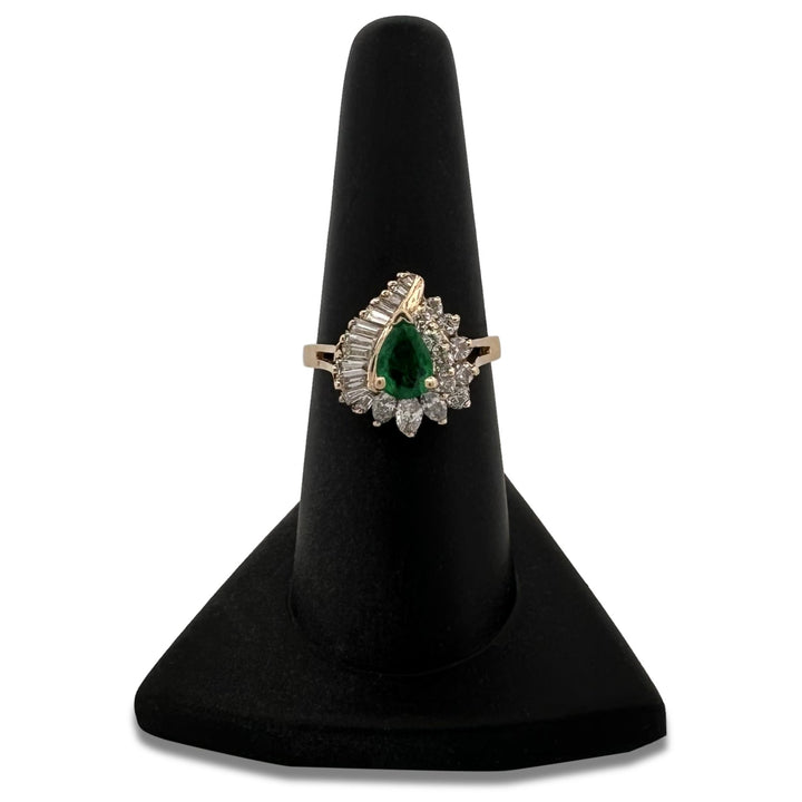 Pear Emerald and Natural Diamond Cocktail Ring in 14k Yellow Gold
