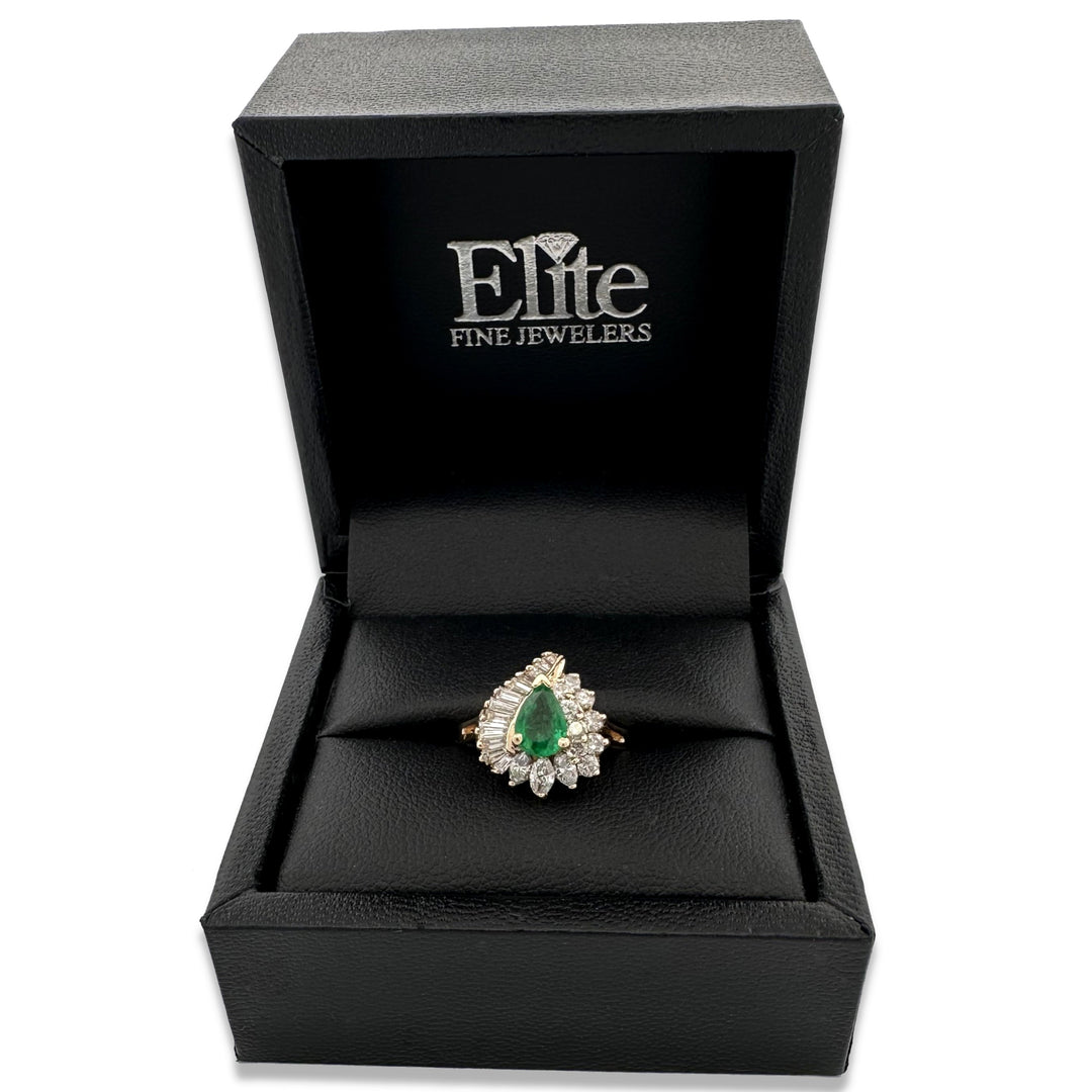 Pear Emerald and Natural Diamond Cocktail Ring in 14k Yellow Gold