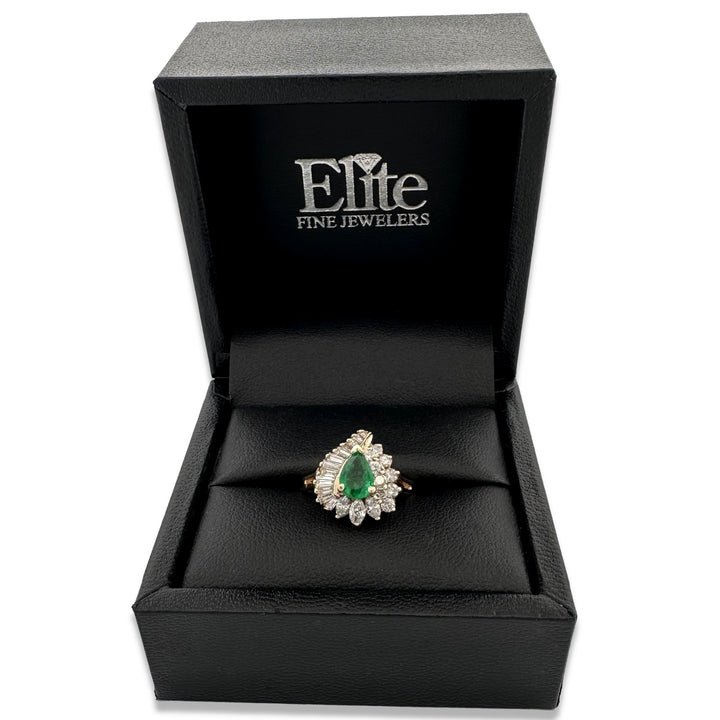 Pear Emerald and Natural Diamond Cocktail Ring in 14k Yellow Gold