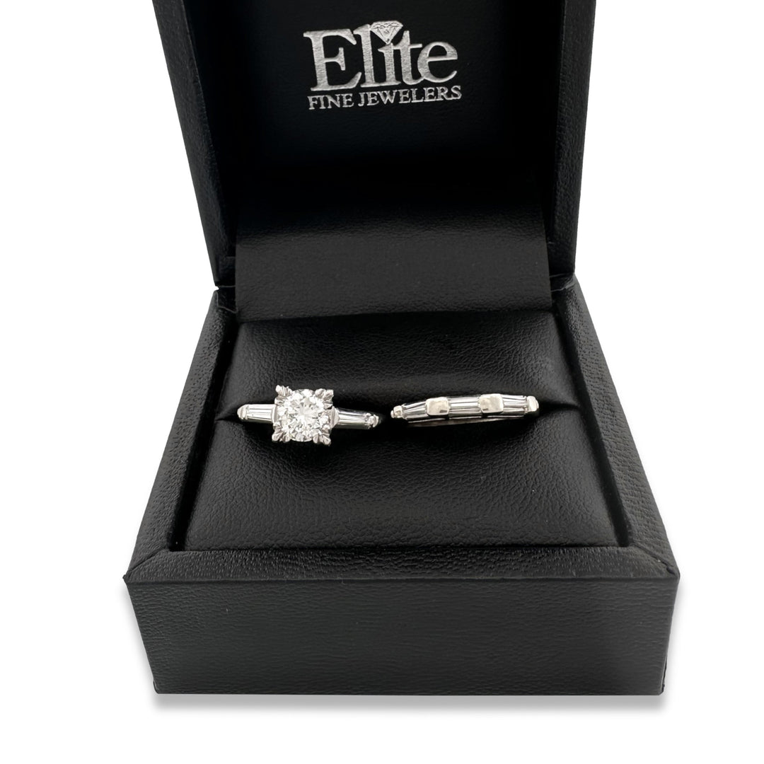 Vintage 1.15ctw Round Brilliant and Baguette Cut Natural Diamond Engagement Ring and Wedding Band Set in Platinum