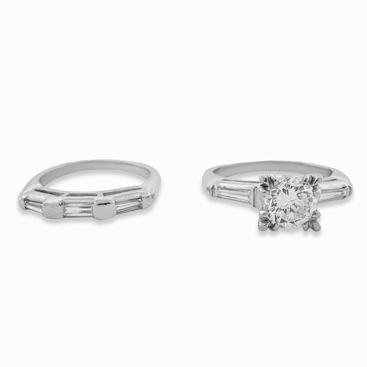 Vintage 1.15ctw Round Brilliant and Baguette Cut Natural Diamond Engagement Ring and Wedding Band Set in Platinum