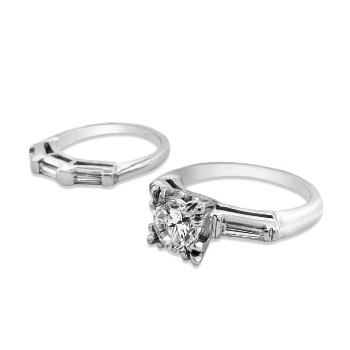 Vintage 1.15ctw Round Brilliant and Baguette Cut Natural Diamond Engagement Ring and Wedding Band Set in Platinum