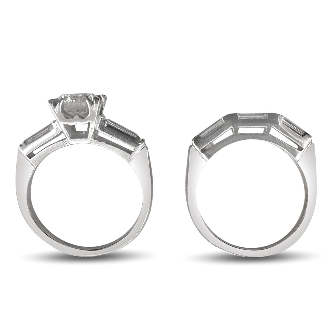 Vintage 1.15ctw Round Brilliant and Baguette Cut Natural Diamond Engagement Ring and Wedding Band Set in Platinum