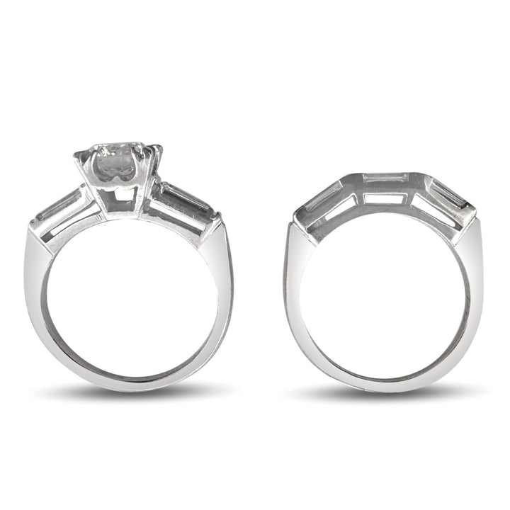 Vintage 1.15ctw Round Brilliant and Baguette Cut Natural Diamond Engagement Ring and Wedding Band Set in Platinum