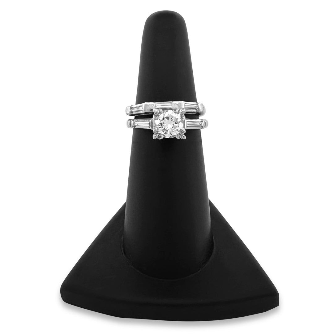 Vintage 1.15ctw Round Brilliant and Baguette Cut Natural Diamond Engagement Ring and Wedding Band Set in Platinum
