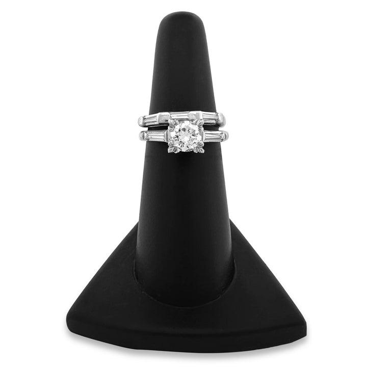 Vintage 1.15ctw Round Brilliant and Baguette Cut Natural Diamond Engagement Ring and Wedding Band Set in Platinum