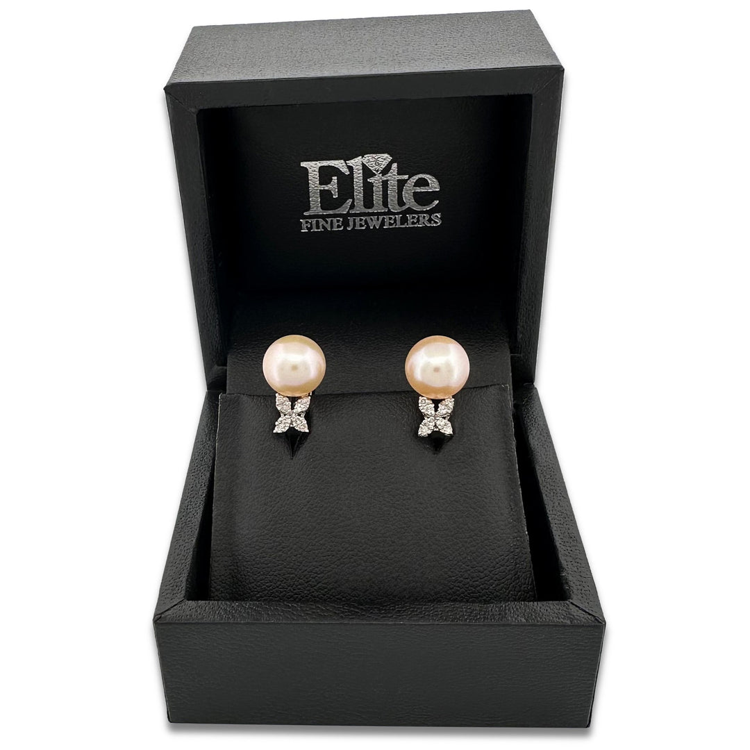 Cultured Pearl & Natural Round Brilliant Diamond Earrings in 14k White Gold