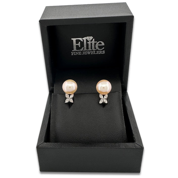 Cultured Pearl & Natural Round Brilliant Diamond Earrings in 14k White Gold