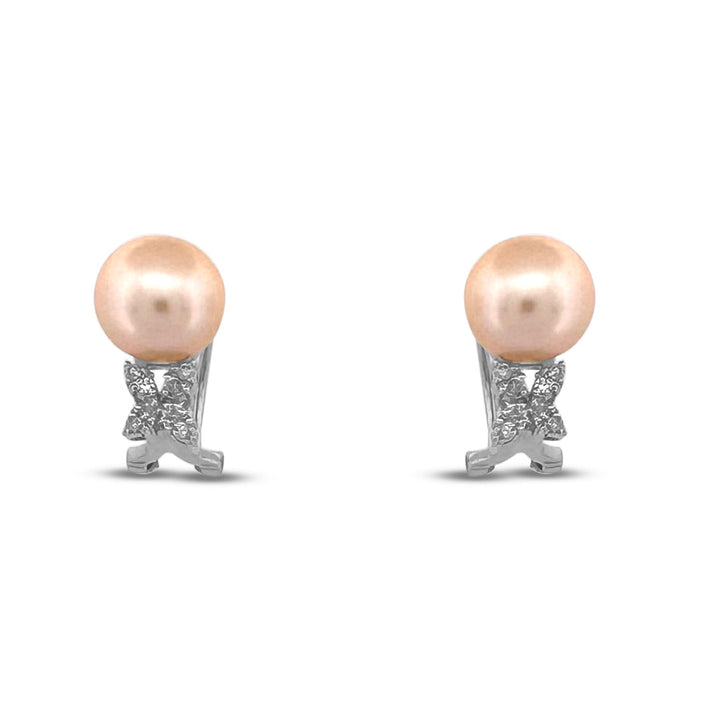 Cultured Pearl & Natural Round Brilliant Diamond Earrings in 14k White Gold