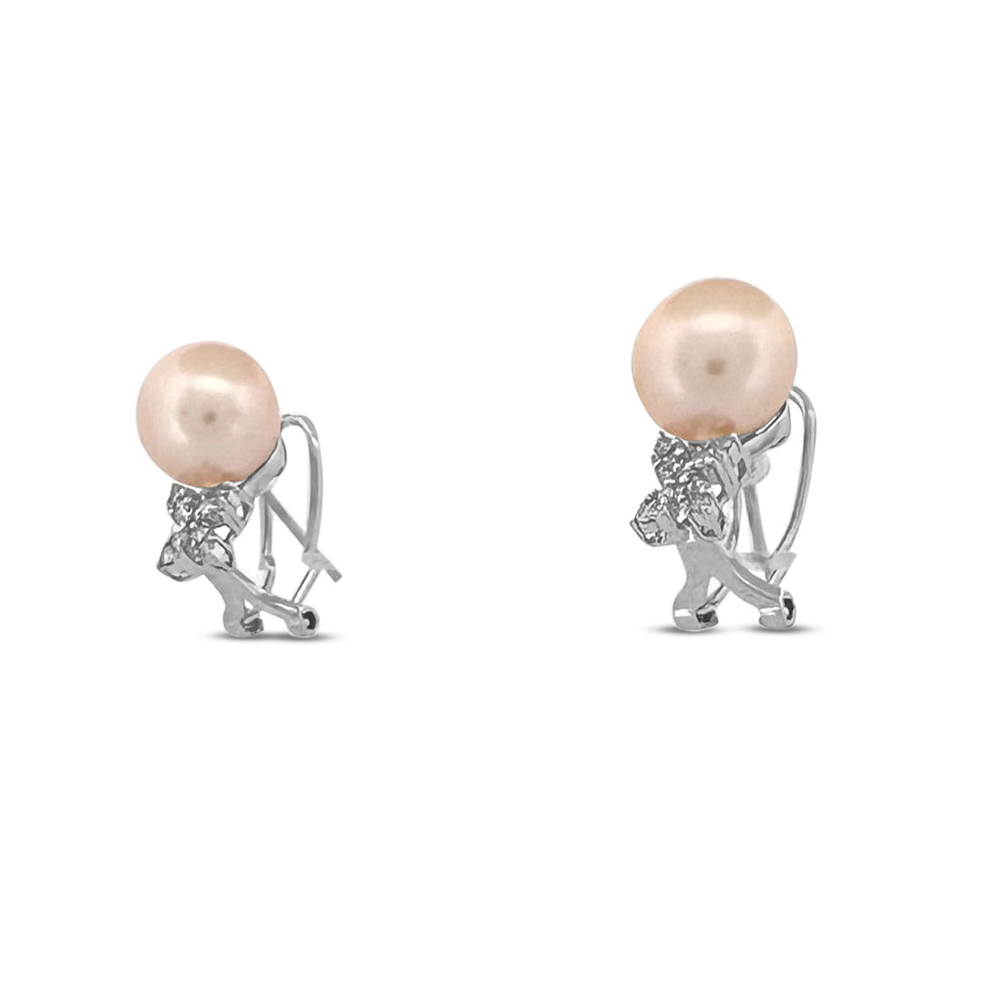 Cultured Pearl & Natural Round Brilliant Diamond Earrings in 14k White Gold