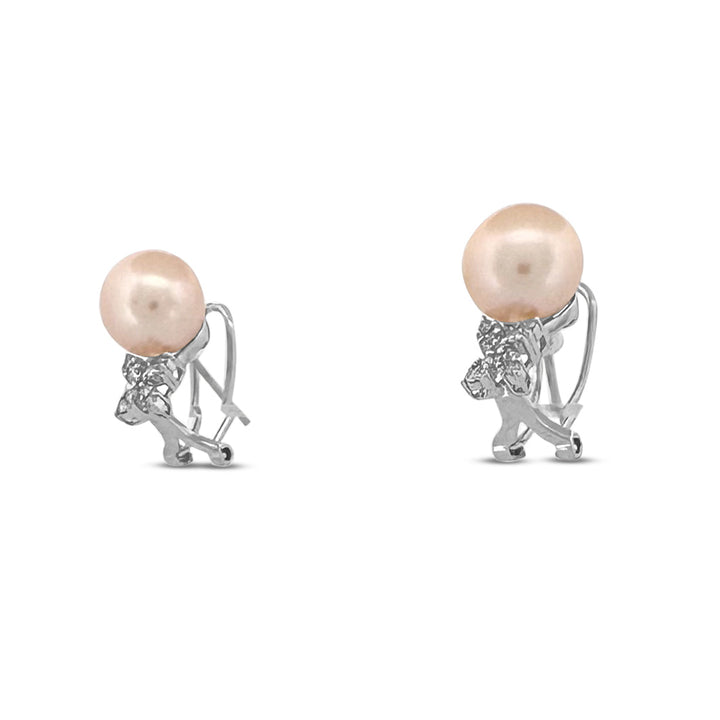 Cultured Pearl & Natural Round Brilliant Diamond Earrings in 14k White Gold