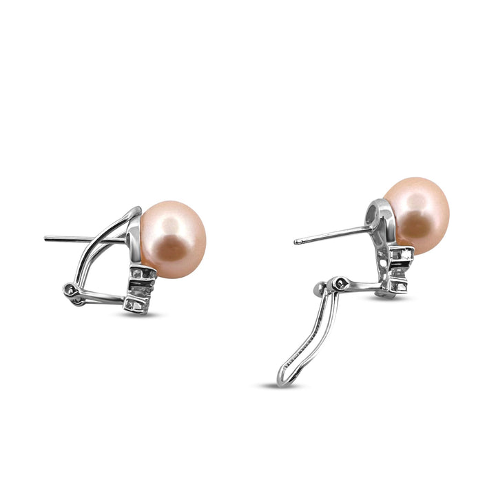 Cultured Pearl & Natural Round Brilliant Diamond Earrings in 14k White Gold
