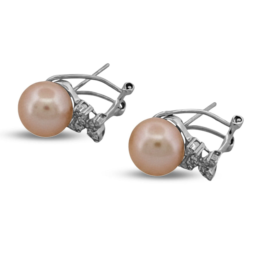 Cultured Pearl & Natural Round Brilliant Diamond Earrings in 14k White Gold