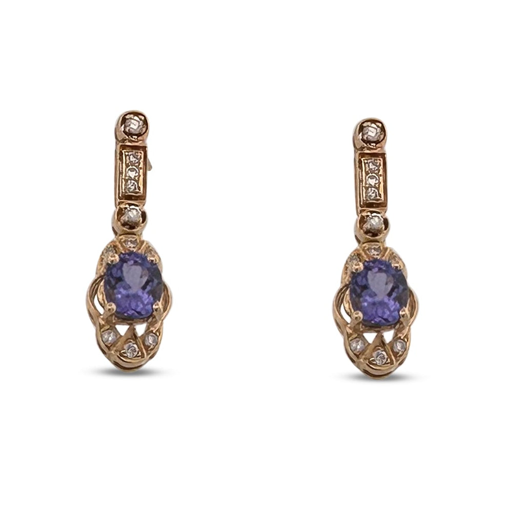 Oval Tanzanite and Round Brilliant Natural Diamond Dangle Earrings in 14k Yellow Gold