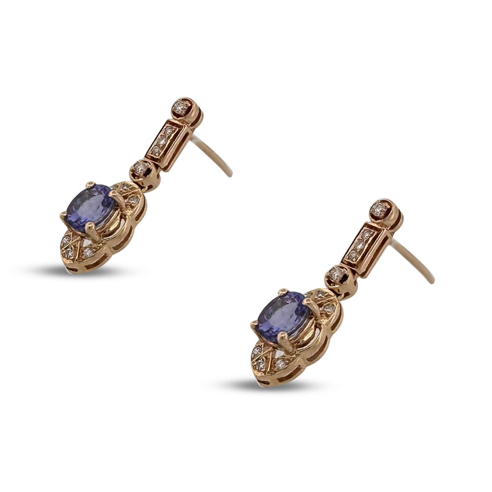 Oval Tanzanite and Round Brilliant Natural Diamond Dangle Earrings in 14k Yellow Gold