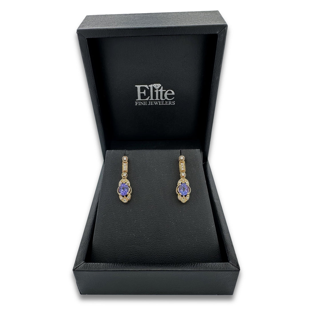 Oval Tanzanite and Round Brilliant Natural Diamond Dangle Earrings in 14k Yellow Gold