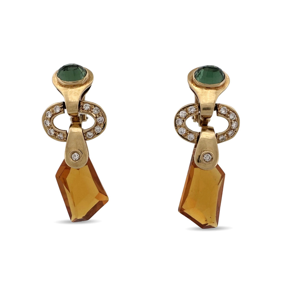 Yellow Swarovski Drops & Natural Round Brilliant Diamond Earrings in 14k Yellow Gold