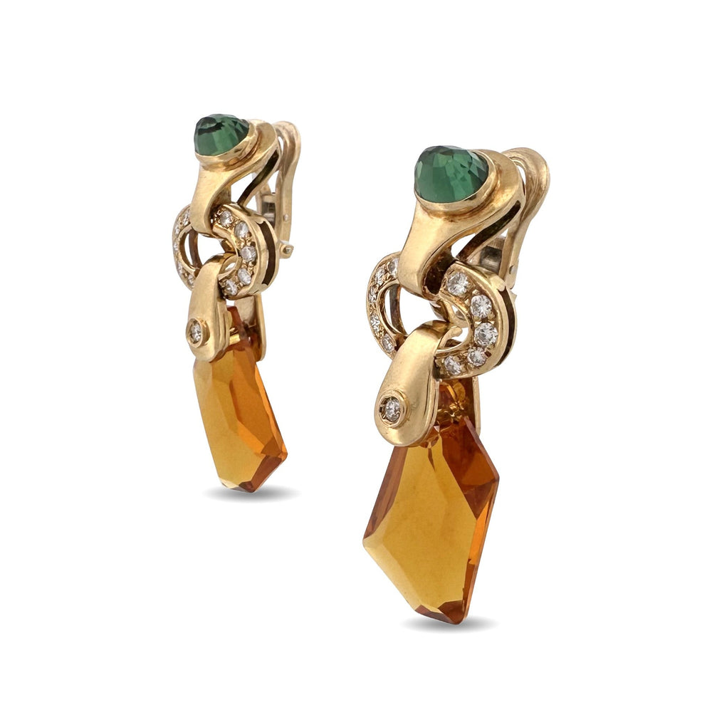 Yellow Swarovski Drops & Natural Round Brilliant Diamond Earrings in 14k Yellow Gold