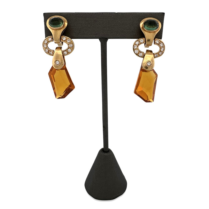 Yellow Swarovski Drops & Natural Round Brilliant Diamond Earrings in 14k Yellow Gold