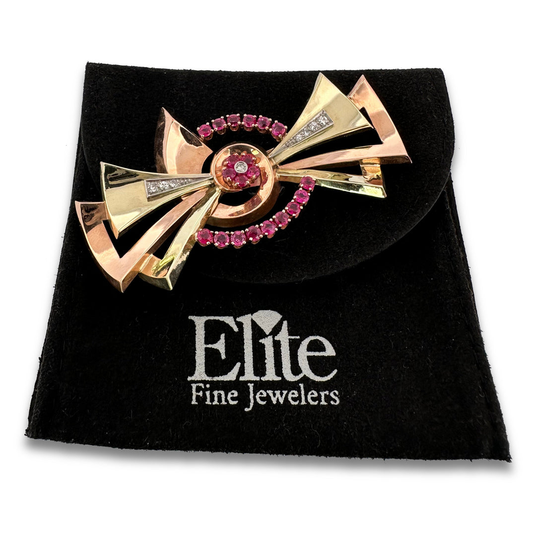 Retro Ruby & Diamond Bow Brooch in 14k Tri-Tone Gold