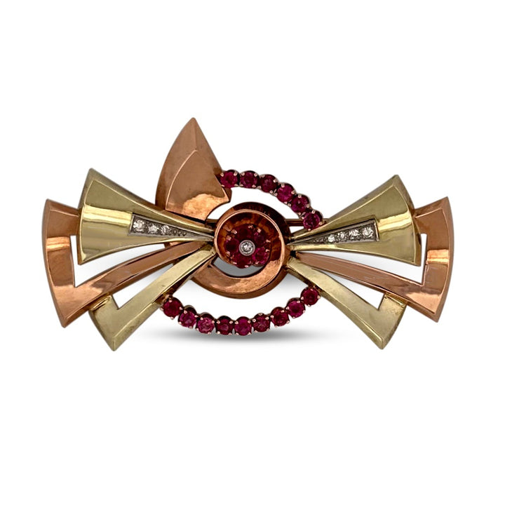 Retro Ruby & Diamond Bow Brooch in 14k Tri-Tone Gold