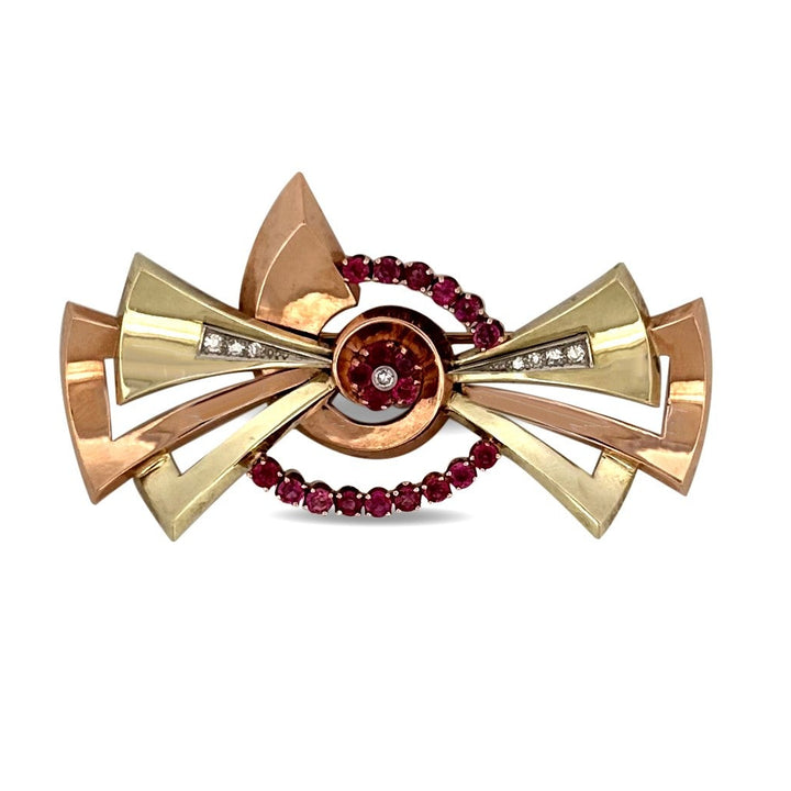 Retro Ruby & Diamond Bow Brooch in 14k Tri-Tone Gold