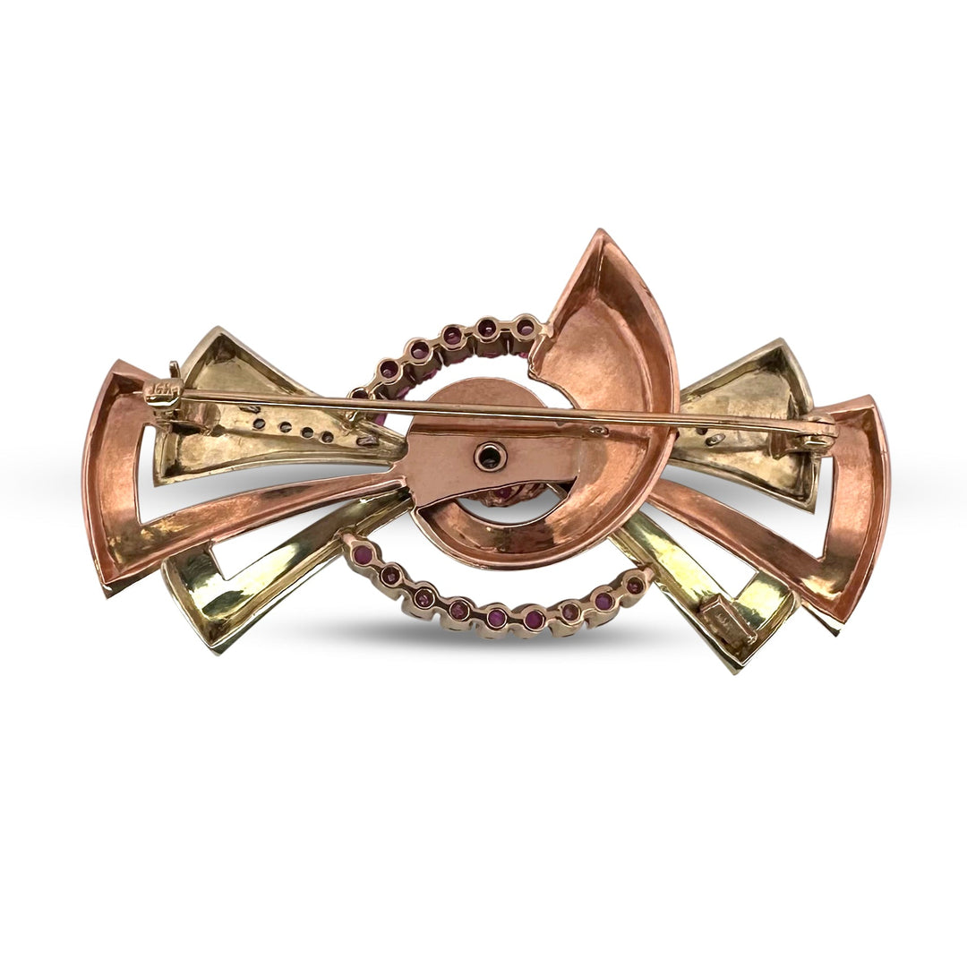 Retro Ruby & Diamond Bow Brooch in 14k Tri-Tone Gold