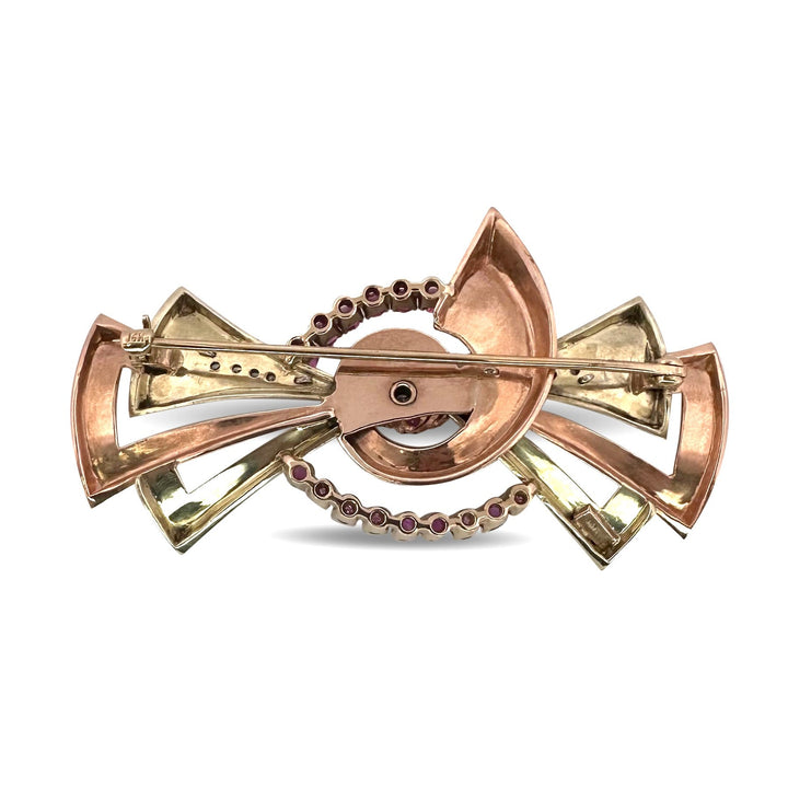 Retro Ruby & Diamond Bow Brooch in 14k Tri-Tone Gold