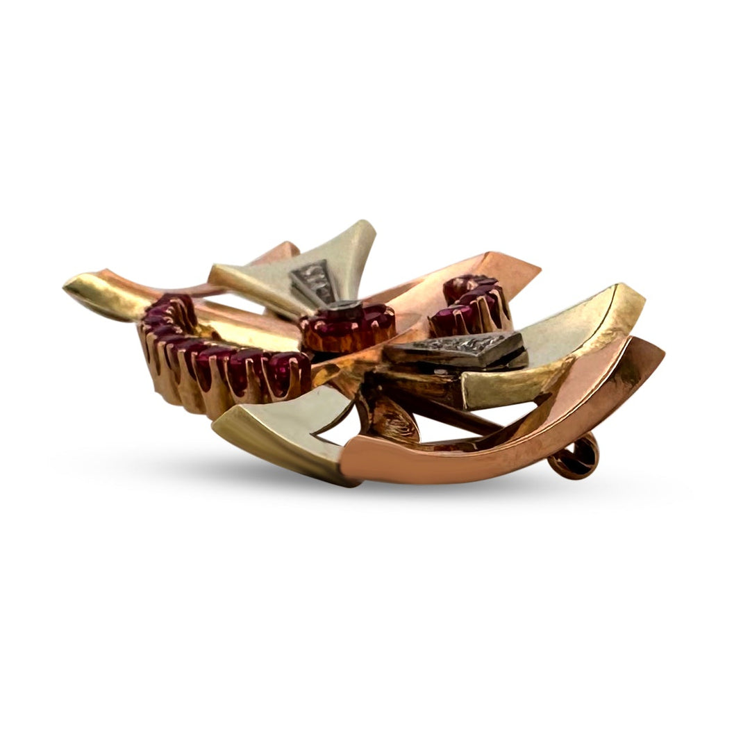 Retro Ruby & Diamond Bow Brooch in 14k Tri-Tone Gold