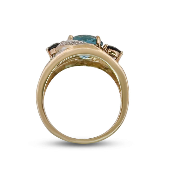Topaz, Iolite and Natural Diamond Cocktail Ring in 14k Two-Tone Gold