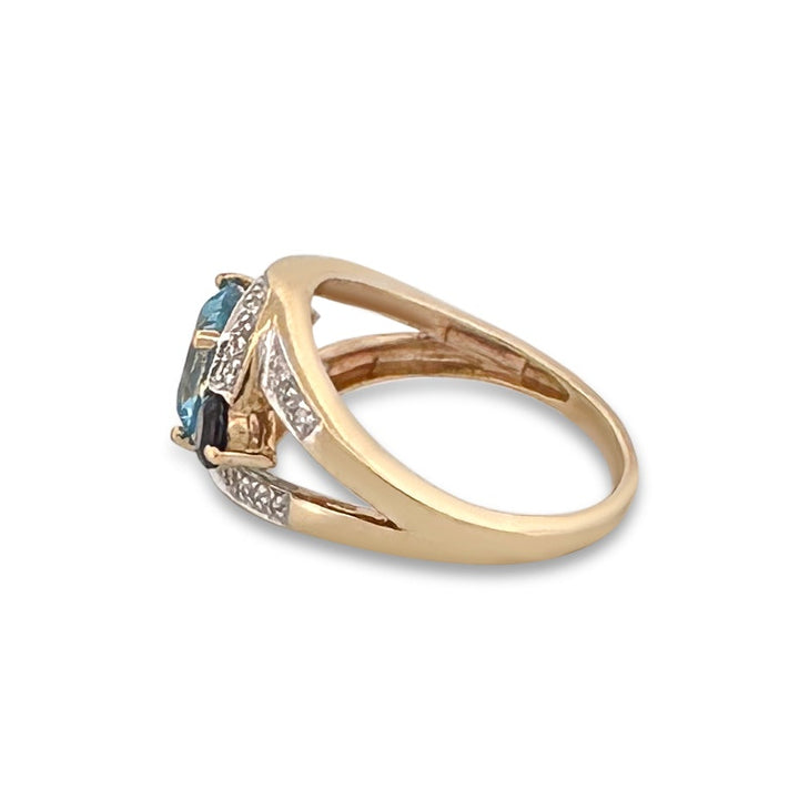 Topaz, Iolite and Natural Diamond Cocktail Ring in 14k Two-Tone Gold